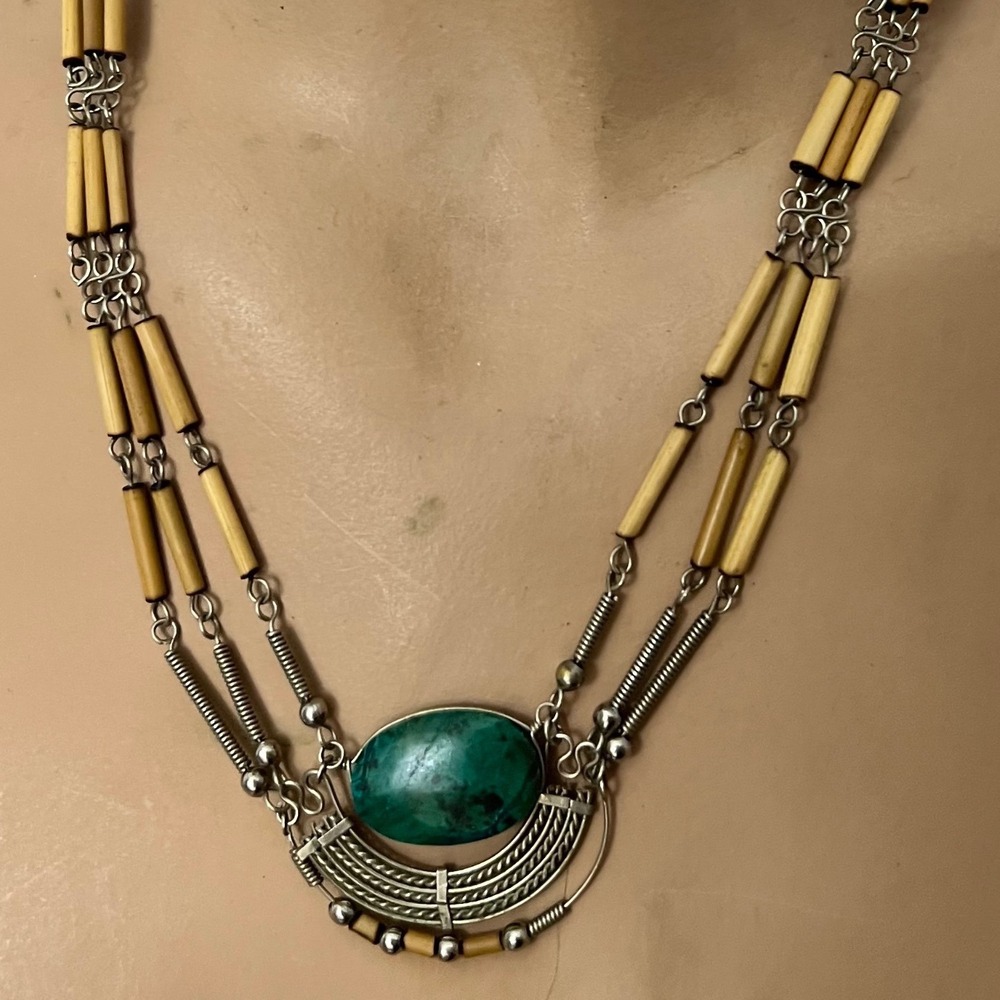 Vintage Peruvian Chrysocolla‎ Necklace Bamboo Tube Multi Strand Silver Tone 21"